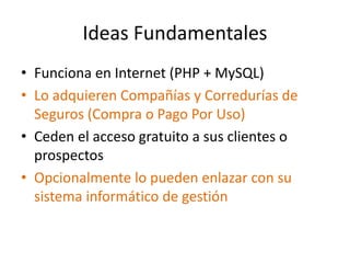 Ideas Fundamentales
• Funciona en Internet (PHP + MySQL)
• Lo adquieren Compañías y Corredurías de
Seguros (Compra o Pago Por Uso)
• Ceden el acceso gratuito a sus clientes o
prospectos
• Opcionalmente lo pueden enlazar con su
sistema informático de gestión
 