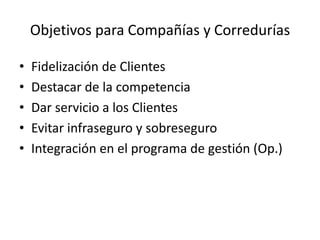 Objetivos para Compañías y Corredurías
• Fidelización de Clientes
• Destacar de la competencia
• Dar servicio a los Clientes
• Evitar infraseguro y sobreseguro
• Integración en el programa de gestión (Op.)
 