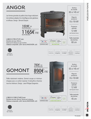 5
CERTIFIÉEISO14001
CERTIFIÉEISO14001
87
7
Les formes girondes du poêle à bois Angor séduisent
denombreuxadeptesd'unchauffageauboisgénéreux
et efﬁcace. Design : Bernard Dequet.
ANGOR
Poêle résolument moderne, Gomont occupe un minimum
d'espace pour un confort maximal. Il réchauffe et illumine
tous les intérieurs. Design : Jean-Philippe Dargenton.
GOMONT
Surface
de chauffe
65 à 145 m2
Taille maximale
des bûches
45 cm
Plage de
puissance
8 à 18 kW
Puissance
optimale
12 kW
soit 4 kg bois /heure
Surface
de chauffe
65 à 145 m2
Taille maximale
des bûches
60 cm
Plage de
puissance
8 à 18 kW
Puissance
optimale
12 kW
soit 4 kg bois /heure
Anthracite
Réf. 6186-44
Anthracite
Réf. 6158-44
POÊLESENFONTE
L 820 X H 770 X P 471 mm
Diamètre de buse 150 mm.
Sortie par le dessus ou par l'arrière.
(Tableaux comparatifs : p120 - Service INVICTA’SÛR : p12)
L 550 X H 1130 X P 447,5 mm
Diamètre de buse 150 mm. Sortie par le dessus.
(Tableaux comparatifs : p120 - Service INVICTA’SÛR : p12)
*Prix indicatifs
890€*
TTC
Prix TTC (TVA à 20%)
782€*
TTC
Prix TTC (TVA à 5,5%)
1165€*
TTC
Prix TTC (TVA à 20%)
1024€*
TTC
Prix TTC (TVA à 5,5%)
 