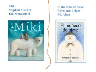 Miki<br />Stephen Mackey<br />Ed. Mondadori<br />El muñeco de nieve<br />Raymond Briggs<br />Ed. Altea<br />