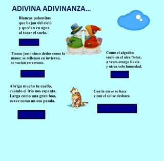 ADIVINA ADIVINANZA…
     Blancas palomitas
     que bajan del cielo
     y quedan en agua
     al tocar el suelo.

      La nieve

Tienen justo cinco dedos como la           Como el algodón
mano; se rellenan en invierno,             suelo en el aire flotar,
se vacían en verano.                       a veces otorgo lluvia
                                           y otras solo humedad.
        Los guantes                             La nube


Abriga mucho tu cuello,
cuando el frío nos espanta.        Con la nieve se hace
Larga como una gran boa,           y con el sol se deshace.
suave como un oso panda.
                                       El muñeco de nieve

      La bufanda
 
