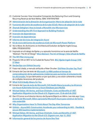 Invierta en innovación de aplicaciones para mantenerse a la vanguardia | 36
23 Customer Success: How Innovative Companies Are Reducing Churn and Growing
Recurring Revenue de Nick Mehta, ISBN: 9781119167969
24 Administración de la alineación de la organización: Marco de adopción de la nube
25 Funciones del centro de excelencia de la nube (CCoE): Marco de adopción de la nube
26 Zhamak Dehghani: How to break a Monolith into Microservices
27 Understanding the API-First Approach to Building Products
28 Inversión de dependencias
29 Inversión de dependencias
30 Informe de Servicios de integración Azure
31 Kit de inicio del Centro de excelencia (CoE) de Microsoft Power Platform
32 Yes Is More: An Archicomic on Architectural Evolution de Bjarke Ingels Group,
ISBN: 9783836520102
33 Inspirado en el trabajo de Bjarke y su episodio homónimo en la serie de Netflix
“Abstract: The Art of Design” Mire Abstract: The Art of Design | Sitio oficial de Netflix
34 The 1811 Plan (mcny.org)
35 Proyecto VIA en W57 en la Ciudad de Nueva York. BIG | Bjarke Ingels Group | VIA
57 West
36 DevSecOps con GitHub Security
37 Frase mal citada, a menudo atribuida a Peter Drucker: Did Peter Drucker Say That?
38 Extracto de Caso de éxito de Microsoft: La NBA acelera el tiempo de
comercialización de las aplicaciones modernas para aumentar el entusiasmo de
los aficionados, lo que demuestra un por qué claro y una visión coherente a través
de múltiples iteraciones del producto.
39 What VUCA Really Means for You
40 Extracto de Caso de éxito de Microsoft: CVS Health libera la escala y la eficiencia
con Azure Kubernetes Service y Azure Database para MySQL
41 Michael Delzer, KK Verma, and Evan Chisholm, Costs and Benefits of .NET
Application Migration to the Cloud v2.0, Gigaom.com, 12 de abril de 2022
42 Dan O’Connor es el director técnico de DynamicObjects en Atkins. Lea más aquí: Caso
de éxito de Microsoft: Atkins aprovecha Microsoft Azure para construir de forma
más sostenible
43 Why Organizations Have To Think About The Day After Tomorrow
44 GitHub – Azure/AKS-Construction: Accelerate your onboarding to AKS - Flexible &
secure AKS baseline implementations
45 Michael Delzer, KK Verma, and Evan Chisholm, Costs and Benefits of .NET
Application Migration to the Cloud v2.0, Gigaom.com, Apr 12, 2022
46 Información general de los precios de Azure Dev/Test
 
