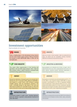 06 Invest in Chile
Chile es un actor a nivel mundial y líder en producción de
cobre. Se estima que las compañías mineras invertirán
US$104milmillonesen lospróximos 8años.
INDUSTRIA ALIMENTARIA
Oportunidades en la industria de la fruta y el agro; vino y
subproductos de la uva; oliva; subproductos de la carne y la
leche; salmón; industria auxiliar; alimentos elaborados; y
biotecnologíaaplicada a la industria alimentaria.
Se proyecta un crecimiento de la demanda eléctrica de 6% a 7%
al año 2020, lo que requerirá inyectar 8.000 MW en nuevos
proyectos, incrementando en un 50% la capacidad instalada
actual de generación. Existe potencial hídrico en el sur y clima
propicio para plantas solares en el norte, condiciones naturales
ideales para las energías renovables, además de las necesidades
de diversi carla matrizy tener independencia energética.
INFRAESTRUCTURA
Chile tiene un potencial de inversión de US$7,9 mil millones a
concesionar por el Estado en obras civiles, viales, portuarias
yferroviarias.
Investment opportunities
Oportunidades de inversión
MINING MINERÍA
FOOD INDUSTRY
ENERGY ENERGÍA
INFRASTRUCTURE
Chile is a leading player in the international mining industry
and the world's largest copper producer. Mining companies
are forecast to invest US$104,000 million in Chile over the
next eight years.
This sector offers opportunities in fruit farming and
agriculture, wine and other grape products, olives, meat and
dairy products, salmon, support industries, processed foods
and biotechnology appliedto the foodindustry.
Demand for electricity is forecast to grow at an annual rate of
between 6% and 7% through to 2020, calling for 8,000 MW in
new projects or, in other words, a 50% increase in existing
installed capacity. Chile has hydroelectric potential in the
south, a favorable climate for solar plants in the north and
ideal natural conditions for renewable energies as well as the
need to diversify itsmatrix andincrease energy independence.
Concessions projects in public works, including highways,
ports and railways, represent a total potential investment of
US$7,900 million.
 