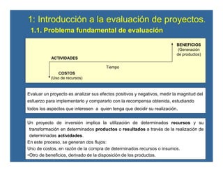 Un proyecto de inversión implica la utilización de determinados recursos y su
transformación en determinados productos o resultados a través de la realización de
determinadas actividades.
En este proceso, se generan dos flujos:
Uno de costos, en razón de la compra de determinados recursos o insumos.
•Otro de beneficios, derivado de la disposición de los productos.
1.1. Problema fundamental de evaluación
Evaluar un proyecto es analizar sus efectos positivos y negativos, medir la magnitud del
esfuerzo para implementarlo y compararlo con la recompensa obtenida, estudiando
todos los aspectos que interesen a quien tenga que decidir su realización.
1: Introducción a la evaluación de proyectos.
COSTOS
(Uso de recursos)
Tiempo
ACTIVIDADES
BENEFICIOS
(Generación
de productos)
 