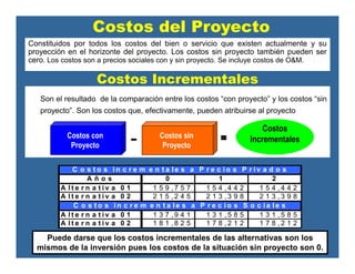 Costos Incrementales
Son el resultado de la comparación entre los costos “con proyecto” y los costos “sin
proyecto”. Son los costos que, efectivamente, pueden atribuirse al proyecto
Costos con
Proyecto
Costos sin
Proyecto
Costos
Incrementales
A ñ o s 0 1 2
A l t e r n a t i v a 0 1 1 5 9 , 7 5 7 1 5 4 , 4 4 2 1 5 4 , 4 4 2
A l t e r n a t i v a 0 2 2 1 5 , 2 4 5 2 1 3 , 3 9 8 2 1 3 , 3 9 8
A l t e r n a t i v a 0 1 1 3 7 , 9 4 1 1 3 1 , 5 8 5 1 3 1 , 5 8 5
A l t e r n a t i v a 0 2 1 8 1 , 8 2 5 1 7 8 , 2 1 2 1 7 8 , 2 1 2
C o s t o s i n c r e m e n t a l e s a P r e c i o s P r i v a d o s
C o s t o s i n c r e m e n t a l e s a P r e c i o s S o c i a l e s
Puede darse que los costos incrementales de las alternativas son los
mismos de la inversión pues los costos de la situación sin proyecto son 0.
Costos del Proyecto
Constituidos por todos los costos del bien o servicio que existen actualmente y su
proyección en el horizonte del proyecto. Los costos sin proyecto también pueden ser
cero. Los costos son a precios sociales con y sin proyecto. Se incluye costos de O&M.
 