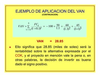 (CONTINUACION)
Ello significa que 28.85 (miles de soles) será la
rentabilidad sobre la alternativa expresada por el
COK, y el proyecto en mención vale la pena o, en
otras palabras, la decisión de invertir es buena
dado el signo positivo.
EJEMPLO DE APLICACION DEL VANEJEMPLO DE APLICACION DEL VAN
VAN = 28.85
3)11(
45
2)1.1(
60
1.1
50100
)1.01( +
+++−=∑
+
=
t
tFC
VAN
t = 0
3
 