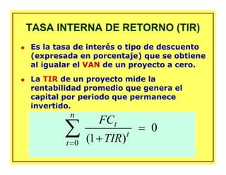 TASA INTERNA DE RETORNO (TIR)TASA INTERNA DE RETORNO (TIR)
Es la tasa de interés o tipo de descuento
(expresada en porcentaje) que se obtiene
al igualar el VAN de un proyecto a cero.
La TIR de un proyecto mide la
rentabilidad promedio que genera el
capital por periodo que permanece
invertido.
0
)1(0
=
+
∑=
n
t
t
t
TIR
FC
 