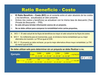 A. B/C> 1 El valor actual de los flujos de beneficios es mayor al valor actual de los flujos de costos.
B. B/C=1 Es indiferente para el inversionista, pues, le brinda la misma rentabilidad que su mejor
alternativa de inversión. La TIR es igual al COK.
C. B/C <1 El proyecto se debe rechazar, ya que la mejor alternativa ofrece mayor rentabilidad. La TIR
es menor que el COK.
Interpretación y criterio de decisión
Se debe utilizar solo para determinar sin un proyecto se debe Realizar o no.
589,10)
)14.01(
150
)14.01(
150
)12.01(
150
)14.01(
300
)14.01(
000,10
( 43210
=
+
−
+
−
+
−
+
−
+
−−=VAC
55.703,10
)14.01(
000,2
)14.01(
500,2
)14.01(
000,4
)14.01(
000,5
4321
=
+
+
+
+
+
+
+
=VAB
01.1/ =CB
Ejemplo:
Ratio Beneficio - Costo
El Ratio Beneficio – Costo (B/C) es el cociente entre el valor absoluto de los costos
y los beneficios, actualizados al valor presente.
Ambos (los costos y beneficios) se actualizan con la misma tasa de descuento (Tasa
Privada de Descuento - TPD).
Es solo útil para brindar información acerca de un proyecto.
No se debe utilizar para comparar la rentabilidad entre varios proyectos.
 