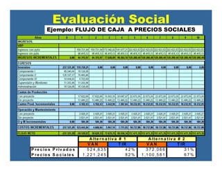 Evaluación Social
Ejemplo: FLUJO DE CAJA A PRECIOS SOCIALES
V A N T IR V A N T IR
P re c io s P riv a d o s 5 2 4 ,6 3 5 4 2 % 3 7 2 ,0 6 6 3 1 %
P re c io s S o c ia le s 1 ,2 2 1 ,2 4 5 8 2 % 1 ,1 0 0 ,5 8 1 6 7 %
A lte rn a tiv a # 2A lte rn a tiv a # 1
 