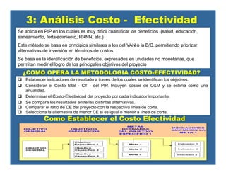 OBJETIVO
GENERAL
OBJETIVOS
ESPECÍFICOS
METAS
DERIVADAS
DEL OBJETIVO
ESPECIFICO 1
INDICADORES
QUE MIDEN LA
META 1
OBJETIVO
GENERAL
Objetiv o
Específico 1
Objetiv o
Específico 2
Objetiv o
Específico 3
Meta 1
Meta 3
Meta 2
Indicador 1
Indicador 2
Indicador 3
Como Establecer el Costo Efectividad
¿COMO OPERA LA METODOLOGIA COSTO-EFECTIVIDAD?
Establecer indicadores de resultado a través de los cuales se identifican los objetivos.
Considerar el Costo total - CT - del PIP. Incluyen costos de O&M y se estima como una
anualidad.
Determinar el Costo-Efectividad del proyecto por cada indicador importante.
Se compara los resultados entre las distintas alternativas.
Comparar el ratio de CE del proyecto con la respectiva línea de corte.
Selecciona la alternativa de menor CE si es igual o menor a línea de corte.
3: Análisis Costo - Efectividad
Se aplica en PIP en los cuales es muy difícil cuantificar los beneficios (salud, educación,
saneamiento, fortalecimiento, RRNN, etc.)
Este método se basa en principios similares a los del VAN o la B/C, permitiendo priorizar
alternativas de inversión en términos de costos.
Se basa en la identificación de beneficios, expresados en unidades no monetarias, que
permitan medir el logro de los principales objetivos del proyecto
 