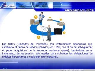 MR




                                                    Inversiones en UDI’s?




Las UDI’s (Unidades de Inversión) son instrumentos financieros que
estableció el Banco de México (Banxico) en 1995, con el fin de salvaguardar
el poder adquisitivo de la moneda mexicana (peso), basándose en el
incremento de los precios, son usadas para solventar las obligaciones de
créditos hipotecarios o cualquier acto mercantil.
 