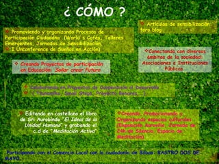 ¿ CÓMO ?
                                                       Artículos de sensibilización:
 Promoviendo y organizando Procesos de               foro blog
Participación Ciudadana (World`s Cafés, Talleres
Emergentes, Jornadas de Sensibilización,
 I Unconference de Sueños en Acción)                   Conectando con diversos
                                                         ámbitos de la sociedad:
    Creando Proyectos de participación                Asociaciones e Instituciones
     en Educación: Soñar crear Futuro                            Públicas


        Colaborando en Proyectos de Cooperación al Desarrollo
        ( Tsunamika, Small Steps, Proyecto Benares,..)



      Editando en castellano el libro       Creando, Promocionando y
     de Sri Aurobindo “El Ideal de la        Organizando espacios culturales
       Unidad Humana” y grabando el          (Exposición Auroville, Jornada de
          c.d de “Meditación Activa”         24h de Silencio, Espacio de
                                             Meditación)


 Participando con el Comercio Local con la ciudadanía de Bilbao: RASTRO DOS DE
MAYO.
 