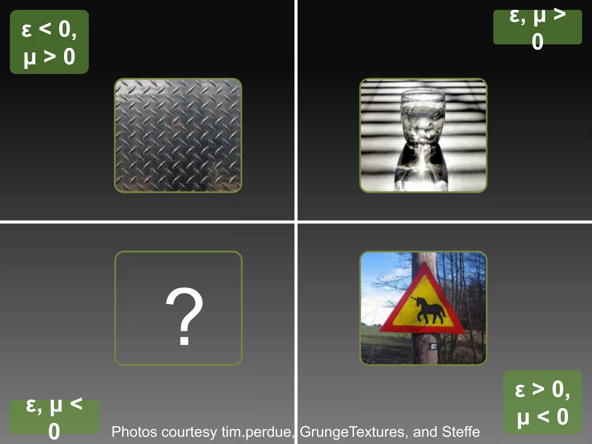 ε, μ > 0ε < 0, μ > 0?ε > 0, μ < 0ε, μ < 0Photos courtesy tim.perdue, GrungeTextures, and Steffe