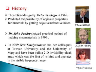 Theoretical design by Victor Veselago in 1968.
 Predicted the possibility of opposite properties
for materials by getting negative refractive index.

V.G.Veselago

 Dr. John Pendry showed practical method of
making metamaterials in 1999 .


In 2009,Vera Smolyaninova and her colleagues
at Towson University and the University of
Maryland have been built a 2-D invisibility-cloak
array which was the first of its kind and operates
in the visible frequency range.

Dr. John Pendry

V.Smolyaninova

 