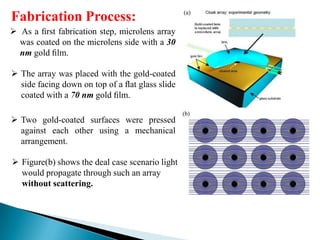 Fabrication Process:
 As a ﬁrst fabrication step, microlens array
was coated on the microlens side with a 30
nm gold ﬁlm.
 The array was placed with the gold-coated
side facing down on top of a ﬂat glass slide
coated with a 70 nm gold ﬁlm.
 Two gold-coated surfaces were pressed
against each other using a mechanical
arrangement.
 Figure(b) shows the deal case scenario light
would propagate through such an array
without scattering.

 