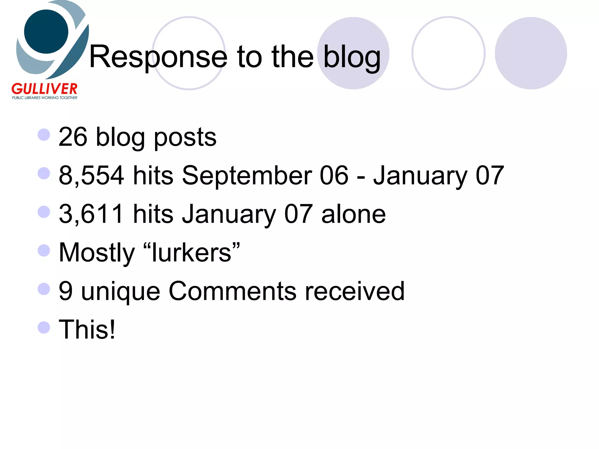 Response to the blog 26 blog posts 8,554 hits September 06 - January 07 3,611 hits January 07 alone Mostly “lurkers” 9 unique Comments received This!