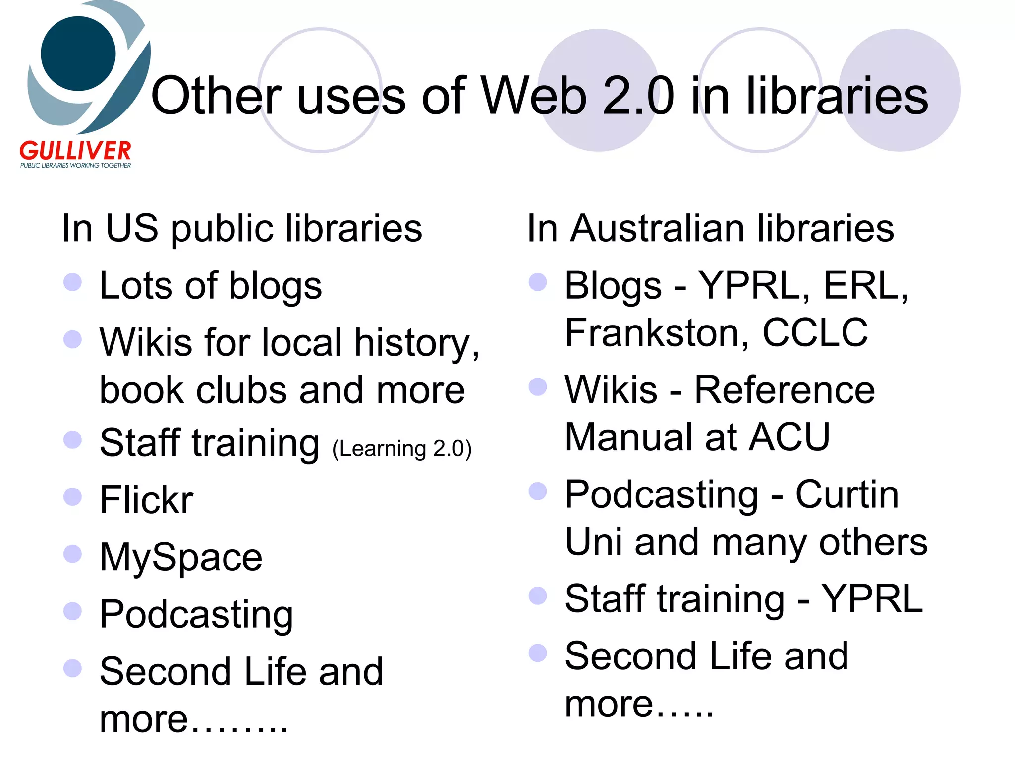 Other uses of Web 2.0 in libraries In US public libraries Lots of blogs Wikis for local history, book clubs and more Staff training (Learning 2.0) Flickr MySpace Podcasting Second Life and more…….. In Australian libraries Blogs - YPRL, ERL, Frankston, CCLC Wikis - Reference Manual at ACU Podcasting - Curtin Uni and many others Staff training - YPRL Second Life and more…..