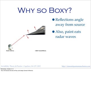 Invisibility: Theory & Practice - Capclave, Oct 12th, 2013 http://timeandquantummechanics.com
Why so Boxy?
•Reﬂections angle
away from source
•Also, paint eats
radar waves
Wednesday, October 9, 13
Also, ﬂat because that was all they could design (forward reference)
 