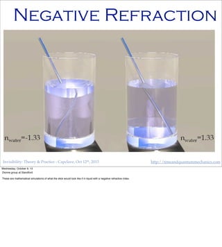 Invisibility: Theory & Practice - Capclave, Oct 12th, 2013 http://timeandquantummechanics.com
Negative Refraction
Wednesday, October 9, 13
Dionne group at Standford
These are mathematical simulations of what the stick would look like if in liquid with a negative refractive index.
 