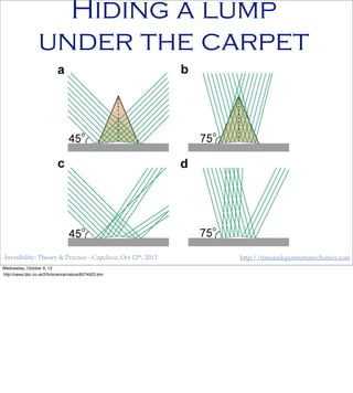Invisibility: Theory & Practice - Capclave, Oct 12th, 2013 http://timeandquantummechanics.com
Hiding a lump
under the carpet
Wednesday, October 9, 13
http://news.bbc.co.uk/2/hi/science/nature/8574923.stm
 