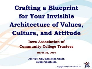 Crafting a Blueprint
for Your Invisible
Architecture of Values,
Culture, and Attitude
Iowa Association of
Community College Trustees
March 31, 2014
Joe Tye, CEO and Head Coach
Values Coach Inc.
Copyright © 2014, Values Coach Inc.
 