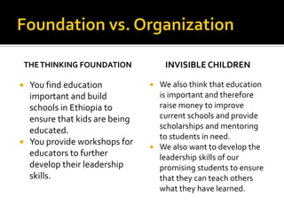 Foundation vs. OrganizationThe Thinking FoundationYou find education important and build schools in Ethiopia to ensure that kids are being educated.You provide workshops for educators to further develop their leadership skills.Invisible ChildrenWe also think that education is important and therefore raise money to improve current schools and provide scholarships and mentoring to students in need.We also want to develop the leadership skills of our promising students to ensure that they can teach others what they have learned.
