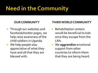 Need in the CommunityOur CommunityThrough our websites and facebook/twitter pages, we help raise awareness of the child soldiers in Uganda.We help people stay appreciative of what they have and all that they are blessed with.Third World CommunityRehabilitation centers would be beneficial to kids once they escape from the LRA.We aggrandize emotional support from other countries to inform them that they are being heard.