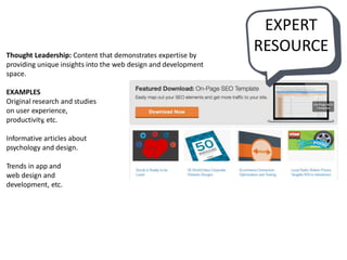Thought Leadership: Content that demonstrates expertise by
providing unique insights into the web design and development
space.
EXAMPLES
Original research and studies
on user experience,
productivity, etc.
Informative articles about
psychology and design.
Trends in app and
web design and
development, etc.
EXPERT
RESOURCE
 
