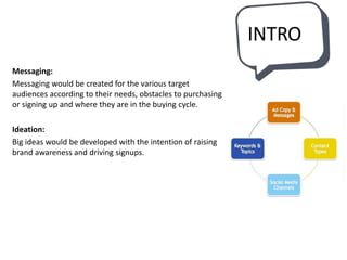 INTRO
Messaging:
Messaging would be created for the various target
audiences according to their needs, obstacles to purchasing
or signing up and where they are in the buying cycle.
Ideation:
Big ideas would be developed with the intention of raising
brand awareness and driving signups.
 