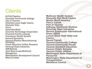 Clients
B.P.US Pipeline                    Multicare Health System
Cascadia Community College         Nisqually Red Wind Casino
City of Tacoma                     Nissan North America
Chehalis Lucky Eagle Casino        Pierce Transit
Chehalis Tribe                     Port of Tacoma
Ciena                              Safeway, Northwest Division
Columbia Bank                      Schnitzer Steel Industries
Concrete Technology Corporation    Service Employees International
Financial Pacific Leasing          Union (SEIU)
Franciscan Health System           Lummi Silver Reef Hotel and
General Dynamics                   Casino
General Plastics Manufacturing     Sound Transit
Company                            Tacoma Community College
Green Mountain Coffee Roasters     Tacoma Community House
Hartung Glass Industries           Tacoma Goodwill Industries
IAM-Boeing                         Tacoma Public Schools
Joint Base Lewis-McChord           Tacoma Public Utilities
Metagenics                         Washington State Department of
Metropolitan Development Council   Personnel
Mitco Limited                      Washington State Department of
                                   Transportation
                                   Workforce Central
 