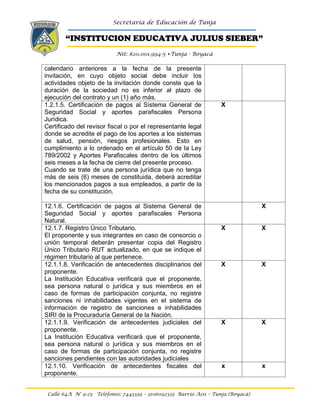 Secretaría de Educación de Tunja
“INSTITUCION EDUCATIVA JULIUS SIEBER”
Nit: 820.001.994-5 •Tunja - Boyacá
Calle 64A N° 9-25 Teléfonos: 7443339 – 3106092335 Barrio Asís – Tunja (Boyacá)
calendario anteriores a la fecha de la presente
invitación, en cuyo objeto social debe incluir los
actividades objeto de la invitación donde conste que la
duración de la sociedad no es inferior al plazo de
ejecución del contrato y un (1) año más.
1.2.1.5. Certificación de pagos al Sistema General de
Seguridad Social y aportes parafiscales Persona
Jurídica.
Certificado del revisor fiscal o por el representante legal
donde se acredite el pago de los aportes a los sistemas
de salud, pensión, riesgos profesionales. Esto en
cumplimiento a lo ordenado en el artículo 50 de la Ley
789/2002 y Aportes Parafiscales dentro de los últimos
seis meses a la fecha de cierre del presente proceso.
Cuando se trate de una persona jurídica que no tenga
más de seis (6) meses de constituida, deberá acreditar
los mencionados pagos a sus empleados, a partir de la
fecha de su constitución.
X
12.1.6. Certificación de pagos al Sistema General de
Seguridad Social y aportes parafiscales Persona
Natural.
X
12.1.7. Registro Único Tributario.
El proponente y sus integrantes en caso de consorcio o
unión temporal deberán presentar copia del Registro
Único Tributario RUT actualizado, en que se indique el
régimen tributario al que pertenece.
X X
12.1.1.8. Verificación de antecedentes disciplinarios del
proponente.
La Institución Educativa verificará que el proponente,
sea persona natural o jurídica y sus miembros en el
caso de formas de participación conjunta, no registre
sanciones ni inhabilidades vigentes en el sistema de
información de registro de sanciones e inhabilidades
SIRI de la Procuraduría General de la Nación.
X X
12.1.1.9. Verificación de antecedentes judiciales del
proponente.
La Institución Educativa verificará que el proponente,
sea persona natural o jurídica y sus miembros en el
caso de formas de participación conjunta, no registre
sanciones pendientes con las autoridades judiciales
X X
12.1.10. Verificación de antecedentes fiscales del
proponente.
x x
 