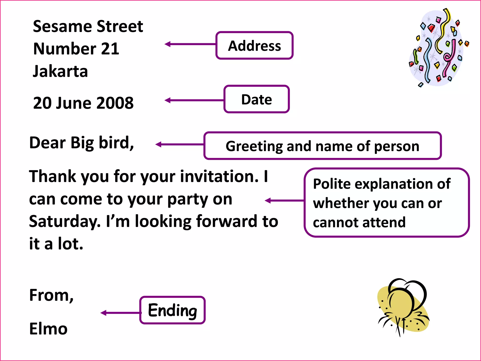 Sesame Street
Number 21
Jakarta
20 June 2008
Dear Big bird,
Thank you for your invitation. I
can come to your party on
Saturday. I’m looking forward to
it a lot.
From,
Elmo
Ending
Address
Date
Greeting and name of person
Polite explanation of
whether you can or
cannot attend
 