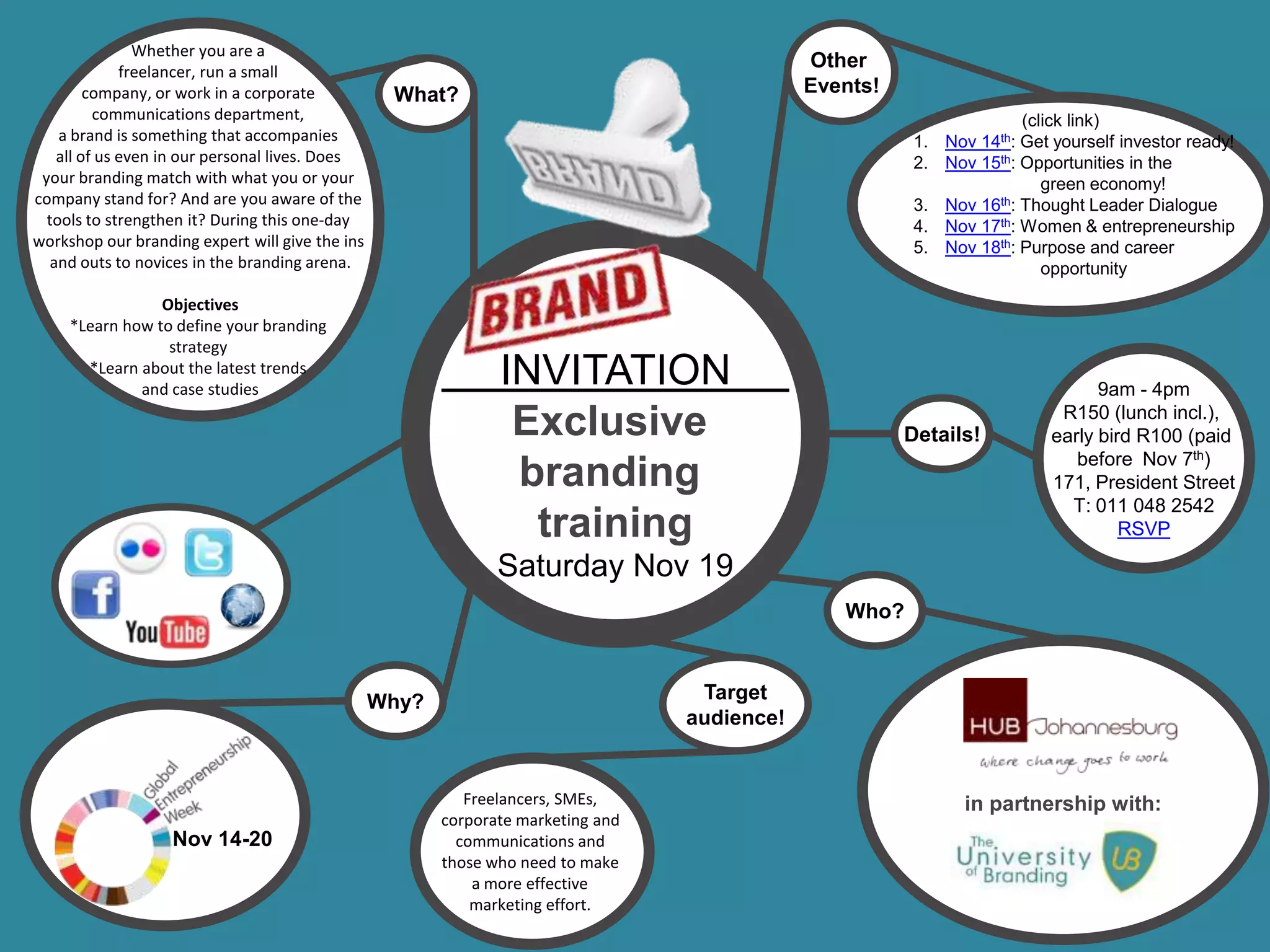 Whether you are a
              freelancer, run a small
                                                                                              Other
         company, or work in a corporate          What?                                       Events!
          communications department,                                                                                 (click link)
    a brand is something that accompanies                                                               1. Nov 14th: Get yourself investor ready!
    all of us even in our personal lives. Does                                                          2. Nov 15th: Opportunities in the
 your branding match with what you or your                                                                              green economy!
company stand for? And are you aware of the                                                             3. Nov 16th: Thought Leader Dialogue
  tools to strengthen it? During this one-day                                                           4. Nov 17th: Women & entrepreneurship
workshop our branding expert will give the ins                                                          5. Nov 18th: Purpose and career
   and outs to novices in the branding arena.                                                                           opportunity

                 Objectives
     *Learn how to define your branding
                  strategy
       *Learn about the latest trends
              and case studies
                                                               INVITATION                                                      9am - 4pm

                                                                Exclusive                               Details!
                                                                                                                          R150 (lunch incl.),
                                                                                                                         early bird R100 (paid
                                                                                                                            before Nov 7th)
                                                                branding                                                 171, President Street
                                                                                                                           T: 011 048 2542
                                                                 training                                                         RSVP

                                                               Saturday Nov 19
                                                                                                 Who?



                                                 Why?                              Target
                                                                                  audience!


                                                           Freelancers, SMEs,                                 in partnership with:
                                                        corporate marketing and
                   Nov 14-20                              communications and
                                                        those who need to make
                                                            a more effective
                                                            marketing effort.
 