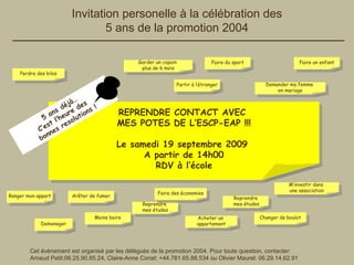 Invitation personelle à la célébration des 5 ans de la promotion 2004 Ranger mon appart M’investir dans  une association Faire un enfant Partir à l’étranger Arêter de fumer Moins boire Faire du sport Reprendre mes études Reprendre  mes études Demander ma femme  en mariage Acheter un  appartement Garder un copain  plus de 6 mois Changer de boulot Perdre des kilos Faire des économies Demenager Cet évènement est organisé par les délégués de la promotion 2004. Pour toute question, contacter:  Arnaud Petit: 06.25.90.85.24 , Claire-Anne Coriat: +44.781.65.88.534 ou Olivier Maurel: 06.29.14.62.91 REPRENDRE CONTACT AVEC  MES POTES DE L’ESCP-EAP !!! Le samedi 19 septembre 2009  A partir de 14h00 RDV à l’école 5 ans déjà… C’est l’heure des  bonnes resolutions ! 