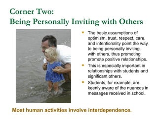 Corner Two:
Being Personally Inviting with Others
 The basic assumptions of
optimism, trust, respect, care,
and intention...