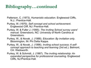 Bibliography…continued
Patterson, C. (1973). Humanistic education. Englewood Cliffs,
N.J.: Prentice-Hall.
Purkey, W. (1970...