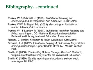 Bibliography…continued
Purkey, W. & Schmidt, J. (1990). Invitational learning and
counseling and development. Ann Arbor, M...