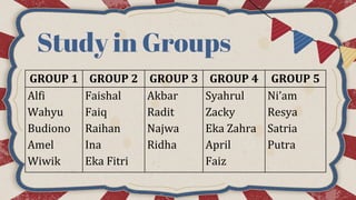 Study in Groups
GROUP 1 GROUP 2 GROUP 3 GROUP 4 GROUP 5
Alfi
Wahyu
Budiono
Amel
Wiwik
Faishal
Faiq
Raihan
Ina
Eka Fitri
Akbar
Radit
Najwa
Ridha
Syahrul
Zacky
Eka Zahra
April
Faiz
Ni’am
Resya
Satria
Putra
 