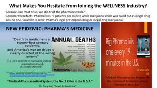 What Makes You Hesitate from Joining the WELLNESS Industry?
Because, like most of us, we still trust the pharmaceuticals?
Consider these facts: Pharma kills 19 patients per minute while marijuana which was ruled out as illegal drug
kills no one. So which is safer: Pharma’s legal prescription drug or illegal drug marijuana?
1
“Medical-Pharmaceutical System, the No. 1 Killer in the U.S.A.”
Dr. Gary Null, “Death By Medicine”
“Medical-Pharmaceutical System, the
No. 1 Cause of Bankruptcy among
Families in the U.S.A.”
 