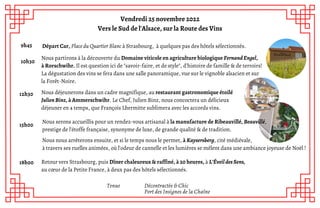 10h30
12h30
Vendredi 25 novembre 2022
Vers le Sud de l'Alsace, sur la Route des Vins
15h00
Tenue Décontractée & Chic
Port ...