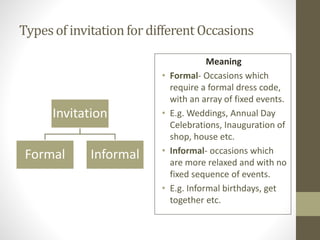 Typesof invitationfor different Occasions
Invitation
Formal Informal
Meaning
• Formal- Occasions which
require a formal dress code,
with an array of fixed events.
• E.g. Weddings, Annual Day
Celebrations, Inauguration of
shop, house etc.
• Informal- occasions which
are more relaxed and with no
fixed sequence of events.
• E.g. Informal birthdays, get
together etc.
 