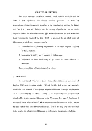 13
CHAPTER III: METHOD
This study employed descriptive research, which involves collecting data in
order to test hypotheses and answer research questions. In terms of
pragmatic/sociolinguistic research, according to the classification proposed by Kasper
and Dahl (1991), our work belongs into the category of production, and as for the
degree of control, our data are the elicited type. On the other hand, our work fulfills the
three requirements proposed by Ellis (1994) as essential for an ideal study of
illocutionary acts in learner language, namely:
1) Samples of the illocutionary act performed in the target language (English)
by the L2 learners.
2) Samples performed by native speakers of the language.
3) Samples of the same illocutionary act performed by learners in their L1
(Japanese).
The process of data collection is described below.
3.1 Participants
We interviewed 10 advanced (native-like proficient) Japanese learners of L2
English (NNS) and 10 native speakers (NS) of English. Both groups were carefully
controlled. The members of both groups are graduate students, with ages ranging from
22 to 37 years old (NS), and 25 to 47 (NNS). As can be seen, the NNS group included
slightly older people than the NS group. In the NS group, there were 7 female and 3
male participants, whereas in the NNS group there were 6 females and 4 males. As can
be seen, we had more female than male subjects. Even if this may have some influence
in the results, this influence would be equal in both groups, thus ensuring reliability.
 