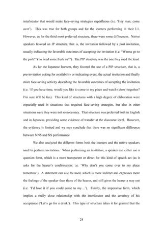 24
interlocutor that would make face-saving strategies superfluous (i.e. ‘Hey man, come
over’). This was true for both groups and for the learners performing in their L1.
However, as for the third most preferred structure, there were some differences. Native
speakers favored an IP structure, that is, the invitation followed by a post invitation,
usually indicating the favorable outcomes of accepting the invitation (i.e. “Wanna go to
the park? You need some fresh air!”). The PIP structure was the one they used the least.
As for the Japanese learners, they favored the use of a PIP structure, that is, a
pre-invitation asking for availability or indicating event, the actual invitation and finally
more face-saving activity describing the favorable outcomes of accepting the invitation
(i.e. ‘If you have time, would you like to come to my place and watch (show) together?
I’m sure it’ll be fun). This kind of structures with a high degree of elaboration were
especially used in situations that required face-saving strategies, but also in other
situations were they were not so necessary. That structure was preferred both in English
and in Japanese, providing some evidence of transfer at the discourse level. However,
the evidence is limited and we may conclude that there was no significant difference
between NNS and NS performance
We also analyzed the different forms both the learners and the native speakers
used to perform invitations. When performing an invitation, a speaker can either use a
question form, which is a more transparent or direct for this kind of speech act (as it
asks for the hearer’s confirmation: i.e. ‘Why don’t you come over to my place
tomorrow’). A statement can also be used, which is more indirect and expresses more
the feelings of the speaker than those of the hearer, and still gives the hearer a way out
(i.e. ‘I’d love it if you could come to my…’). Finally, the imperative form, which
implies a really close relationship with the interlocutor and the certainty of his
acceptance (‘Let’s go for a drink’). This type of structure takes it for granted that the
 