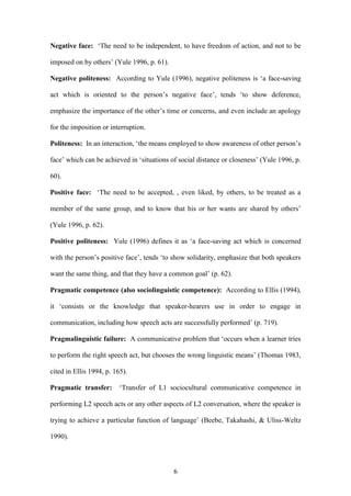 6
Negative face: ‘The need to be independent, to have freedom of action, and not to be
imposed on by others’ (Yule 1996, p. 61).
Negative politeness: According to Yule (1996), negative politeness is ‘a face-saving
act which is oriented to the person’s negative face’, tends ‘to show deference,
emphasize the importance of the other’s time or concerns, and even include an apology
for the imposition or interruption.
Politeness: In an interaction, ‘the means employed to show awareness of other person’s
face’ which can be achieved in ‘situations of social distance or closeness’ (Yule 1996, p.
60).
Positive face: ‘The need to be accepted, , even liked, by others, to be treated as a
member of the same group, and to know that his or her wants are shared by others’
(Yule 1996, p. 62).
Positive politeness: Yule (1996) defines it as ‘a face-saving act which is concerned
with the person’s positive face’, tends ‘to show solidarity, emphasize that both speakers
want the same thing, and that they have a common goal’ (p. 62).
Pragmatic competence (also sociolinguistic competence): According to Ellis (1994),
it ‘consists or the knowledge that speaker-hearers use in order to engage in
communication, including how speech acts are successfully performed’ (p. 719).
Pragmalinguistic failure: A communicative problem that ‘occurs when a learner tries
to perform the right speech act, but chooses the wrong linguistic means’ (Thomas 1983,
cited in Ellis 1994, p. 165).
Pragmatic transfer: ‘Transfer of L1 sociocultural communicative competence in
performing L2 speech acts or any other aspects of L2 conversation, where the speaker is
trying to achieve a particular function of language’ (Beebe, Takahashi, & Uliss-Weltz
1990).
 