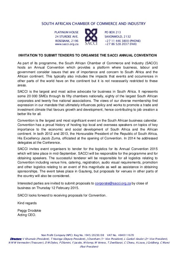 invitation to submit tenders to organise the sacci annual tender cover letter sample