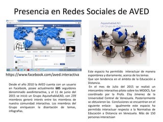 Presencia en Redes Sociales de AVED
Desde el año 2010 la AVED cuenta con un usuario
en Facebook, posee actualmente 685 seguidores
denominado avedinteractiva, y el 11 de junio del
2015 se inició un Grupo AquisehablaEAD, con 239
miembros generó interés entre los miembros de
nuestra comunidad interactiva. Los miembros del
Grupo enriquecen la disertación de temas,
infografías.
Este espacio ha permitido interactuar de manera
espontánea y diariamente, acerca de los temas
Que son tendencia en el ámbito de la Educación a
Distancia.
En el mes de Julio del 2015 se realizó un
intercambio interactivo piloto sobre los MOOCS, fue
coordinado por la Profa. Elsy Jimenez de la
Universidad Central de Venezuela. Posteriormente
se obtuvieron las Conclusiones se encuentran en el
siguiente enlace: igualmente este espacio ha
permitido interactuar respecto a la Normativa de
Educación a Distancia en Venezuela. Más de 150
personas interactúan
https://www.facebook.com/aved.interactiva
 
