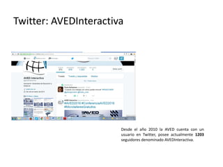 Twitter: AVEDInteractiva
Desde el año 2010 la AVED cuenta con un
usuario en Twitter, posee actualmente 1203
seguidores denominado AVEDInteractiva.
 