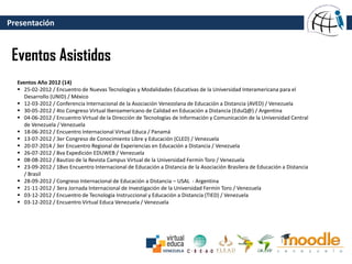 Presentación
Eventos Asistidos
Eventos Año 2012 (14)
 25-02-2012 / Encuentro de Nuevas Tecnologías y Modalidades Educativas de la Universidad Interamericana para el
Desarrollo (UNID) / México
 12-03-2012 / Conferencia Internacional de la Asociación Venezolana de Educación a Distancia (AVED) / Venezuela
 30-05-2012 / 4to Congreso Virtual Iberoamericano de Calidad en Educación a Distancia (EduQ@) / Argentina
 04-06-2012 / Encuentro Virtual de la Dirección de Tecnologías de Información y Comunicación de la Universidad Central
de Venezuela / Venezuela
 18-06-2012 / Encuentro Internacional Virtual Educa / Panamá
 13-07-2012 / 3er Congreso de Conocimiento Libre y Educación (CLED) / Venezuela
 20-07-2014 / 3er Encuentro Regional de Experiencias en Educación a Distancia / Venezuela
 26-07-2012 / 8va Expedición EDUWEB / Venezuela
 08-08-2012 / Bautizo de la Revista Campus Virtual de la Universidad Fermín Toro / Venezuela
 23-09-2012 / 18vo Encuentro Internacional de Educación a Distancia de la Asociación Brasilera de Educación a Distancia
/ Brasil
 28-09-2012 / Congreso Internacional de Educación a Distancia – USAL - Argentina
 21-11-2012 / 3era Jornada Internacional de Investigación de la Universidad Fermín Toro / Venezuela
 03-12-2012 / Encuentro de Tecnología Instruccional y Educación a Distancia (TIED) / Venezuela
 03-12-2012 / Encuentro Virtual Educa Venezuela / Venezuela
 