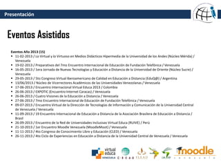 Presentación
Eventos Asistidos
Eventos Año 2013 (15)
 11-02-2013 / Lo Virtual y lo Virtuoso en Medios Didácticos Hipermedia de la Universidad de los Andes (Núcleo Mérida) /
Venezuela
 19-02-2013 / Preparativos del 7mo Encuentro Internacional de Educación de Fundación Telefónica / Venezuela
 16-05-2013 / 1era Jornada de Nuevas Tecnologías y Educación a Distancia de la Universidad de Oriente (Núcleo Sucre) /
Venezuela
 29-05-2013 / 5to Congreso Virtual Iberoamericano de Calidad en Educación a Distancia (EduQ@) / Argentina
 13/06/2013 / Núcleo de Vicerrectores Académicos de las Universidades Venezolanas / Venezuela
 17-06-2013 / Encuentro Internacional Virtual Educa 2013 / Colombia
 26-06-2013 / EXPOTIC (Encuentro Internet Caracas) / Venezuela
 26-06-2013 / Cuatro Visiones de la Educación a Distancia / Venezuela
 27-06-2013 / 7mo Encuentro Internacional de Educación de Fundación Telefónica / Venezuela
 09-07-2013 / Encuentro Virtual de la Dirección de Tecnologías de Información y Comunicación de la Universidad Central
de Venezuela / Venezuela
 11-09-2013 / 19 Encuentro Internacional de Educación a Distancia de la Asociación Brasilera de Educación a Distancia /
Brasil
 26-09-2013 / Encuentro de la Red de Universidades Inclusivas Virtual Educa (RUIVE) / Perú
 21-10-2013 / 1er Encuentro Moodle Venezuela (MoodleMoot) / Venezuela
 11-11-2013 / 4to Congreso de Conocimiento Libre y Educación (CLED) / Venezuela
 26-11-2013 / 4to Ciclo de Experiencias en Educación a Distancia de la Universidad Central de Venezuela / Venezuela
 