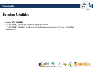 Presentación
Eventos Asistidos
Eventos Año 2014 (2)
 18-01-2014 / Education Freedom Day / Venezuela
 19-03-2014 / Calidad y Tendencias de la Educación a Distancia Virtual / República
Dominicana
 